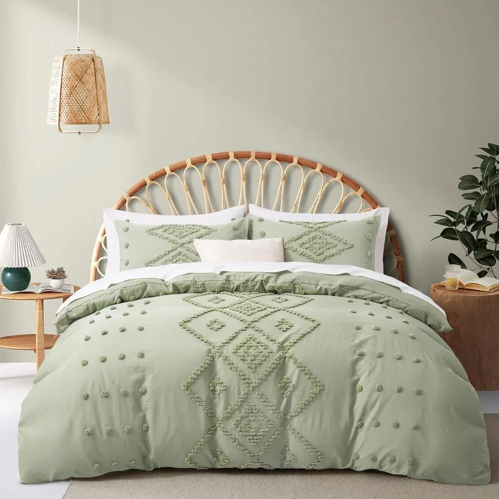 3PC QUEEN KING DUVET SET Sage Green Boho Cottage Tufted Duvet & Pillowcases